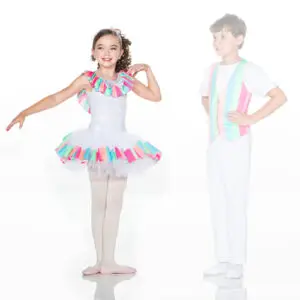 Young ballet dancers in colorful pastel costumes posing together