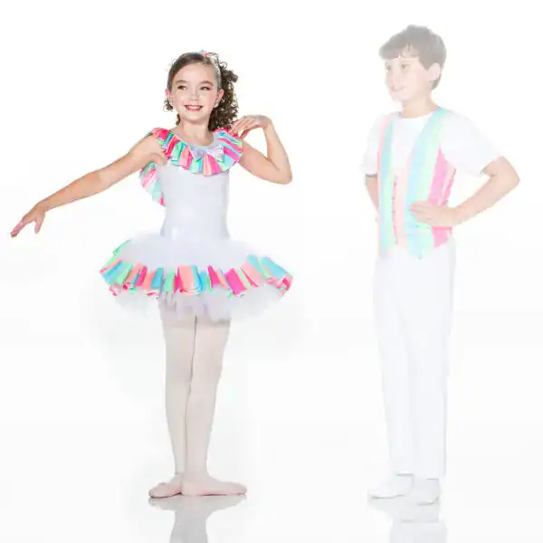 Young ballet dancers in colorful pastel costumes posing together
