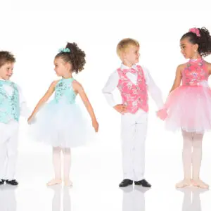 Four children in colorful formal dance costumes on white background