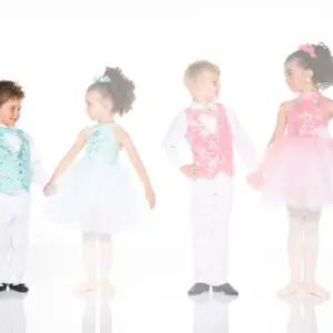 Four children wearing colorful formal dance costumes