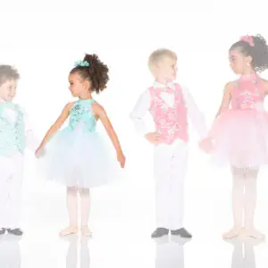 Four children wearing colorful formal dance costumes