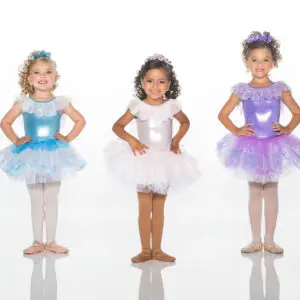 Three young girls wearing colorful sparkly ballet costumes
