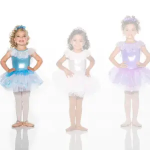Three young girls wearing colorful ballet tutu costumes