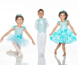 Three children modeling turquoise and white dance costumes