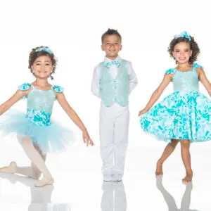 Three children modeling turquoise and white dance costumes