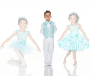 Three children in turquoise formal dance outfits posing