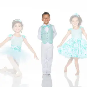 Three children in turquoise formal dance outfits posing