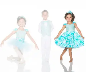 Three children modeling turquoise floral dance costumes