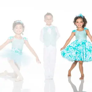 Three children modeling turquoise floral dance costumes