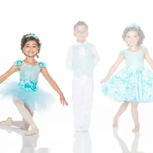 Three children wearing turquoise dance costumes against white background