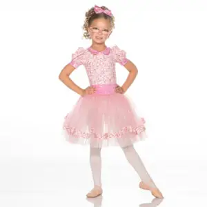 Girl wearing pink floral ballet costume and glasses
