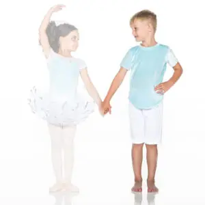Young ballet dancer holding hands with barefoot boy