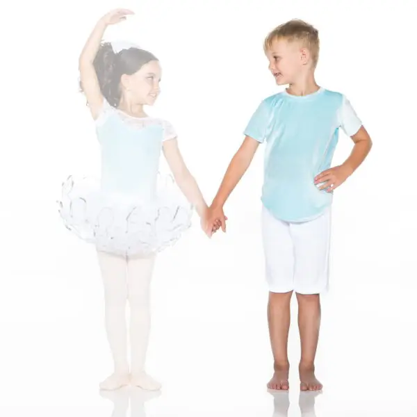Young ballet dancer holding hands with barefoot boy
