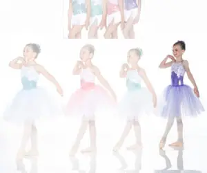 Young ballerinas modeling colorful tutu dance costumes