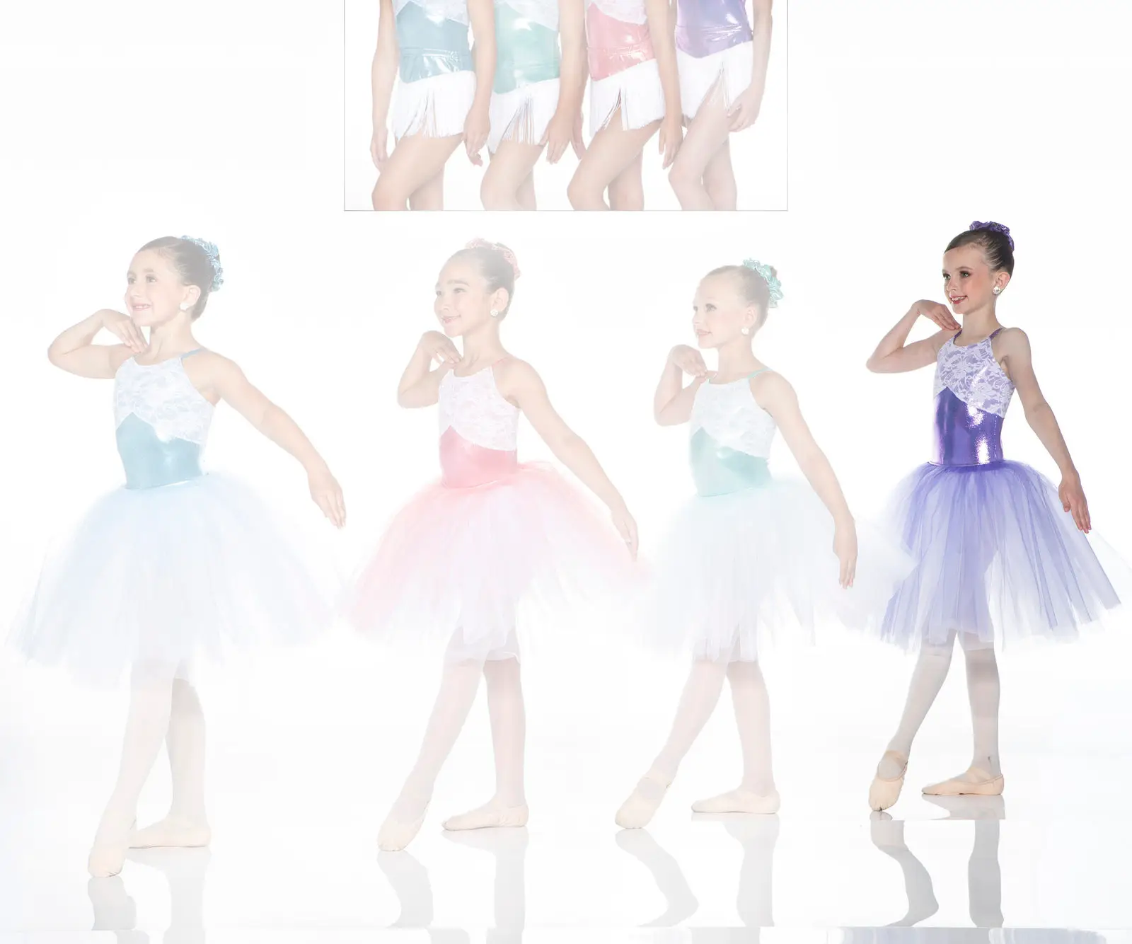 Young ballerinas modeling colorful tutu dance costumes