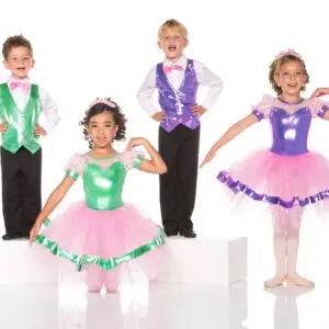 Four children wearing colorful ballet and dance costumes