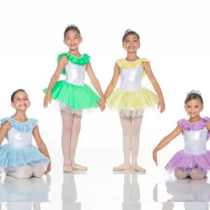 Four young ballerinas wearing colorful tutus pose together.
