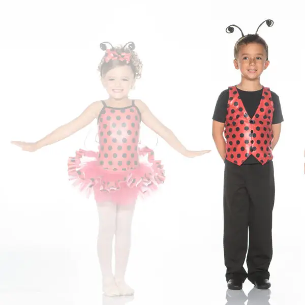 Children in matching ladybug costumes against a white background