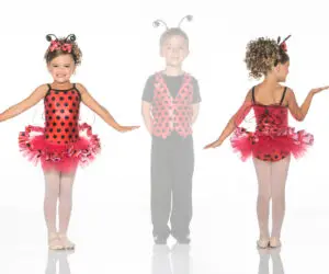 Children modeling ladybug costumes, front and back views