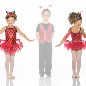 Children modeling ladybug costumes, front and back views