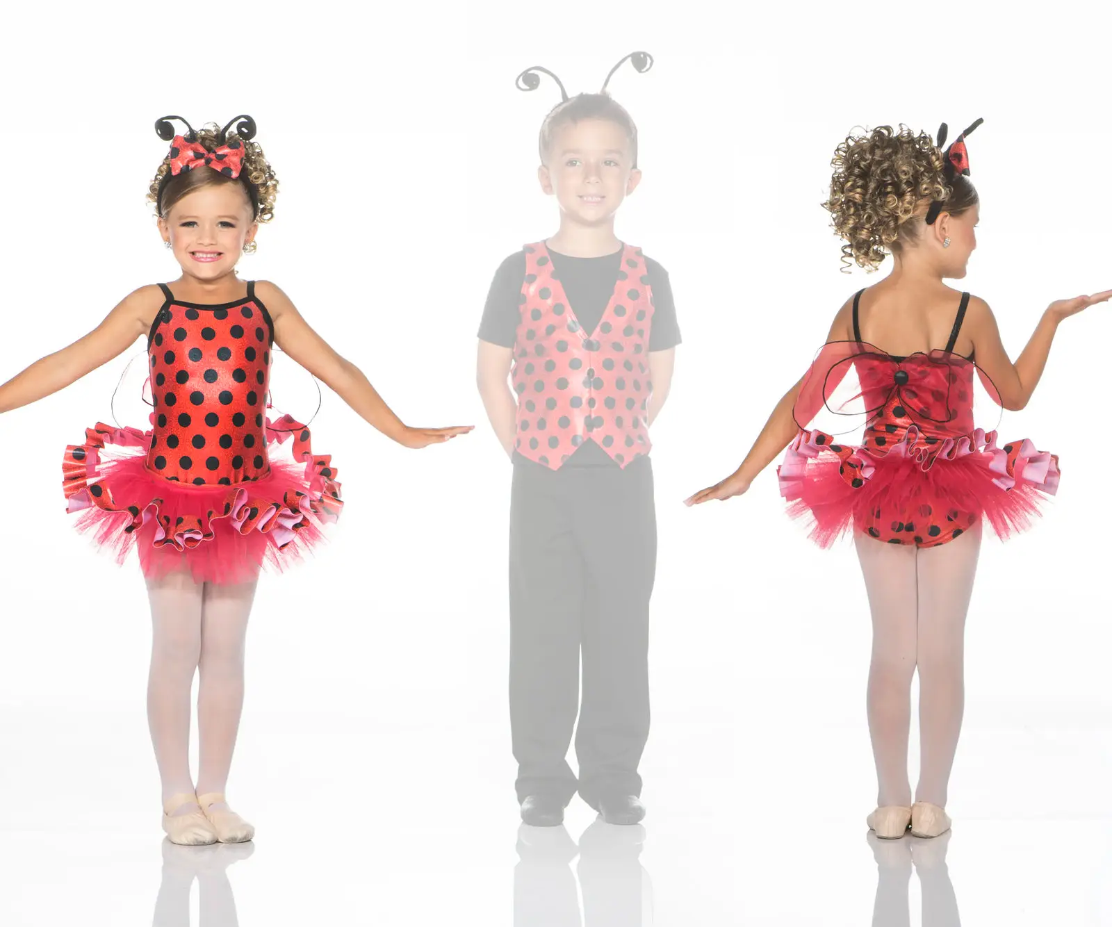 Children modeling ladybug costumes, front and back views