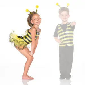 Children wearing bee costumes against a white background