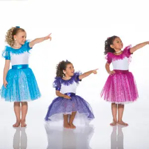 Three girls in colorful dance dresses pointing right