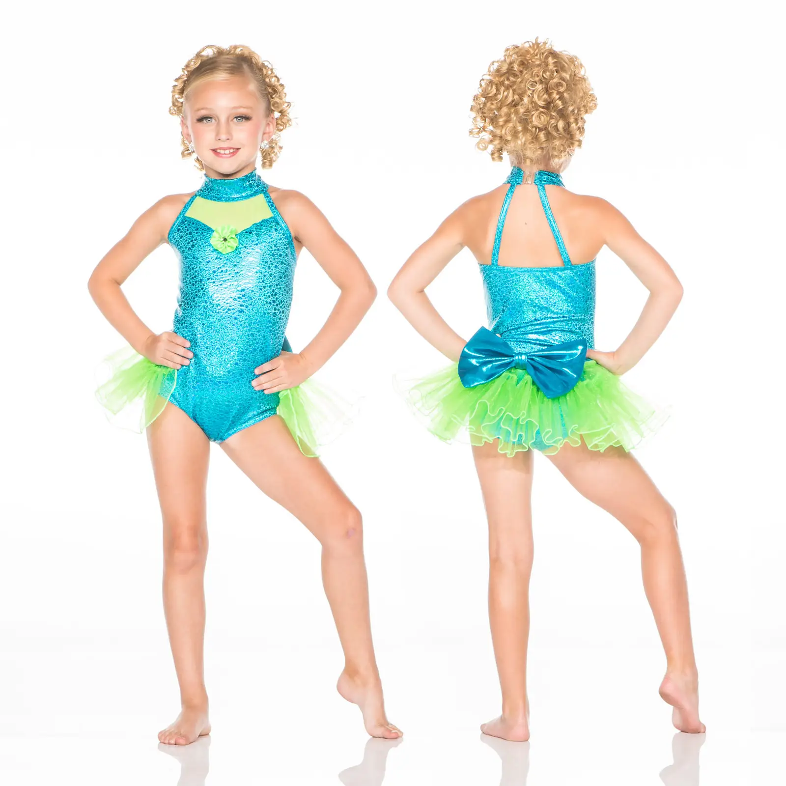 Girl modeling turquoise and green dance costume, front and back