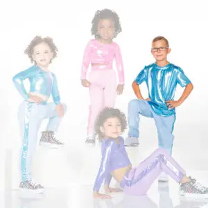 Four children pose in colorful metallic dance outfits.