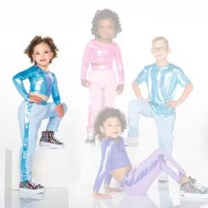 Four children pose in colorful metallic dance outfits.