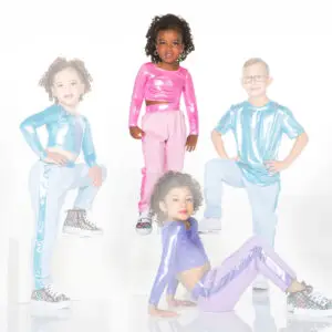 Four children pose in colorful metallic dance outfits.