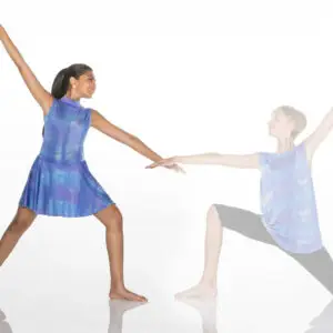 Two dancers in blue costumes pose against white background.