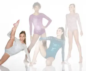 Four dancers in colorful lace leotards posing in studio
