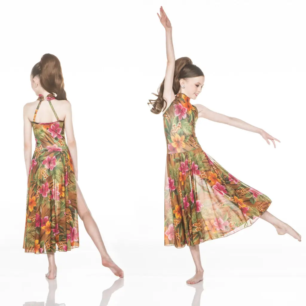 Girl modeling a floral dance dress from front and back