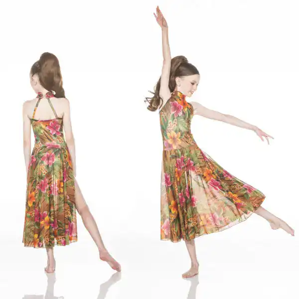 Girl modeling a floral dance dress from front and back