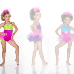 Three young dancers wearing colorful feathered costumes pose.