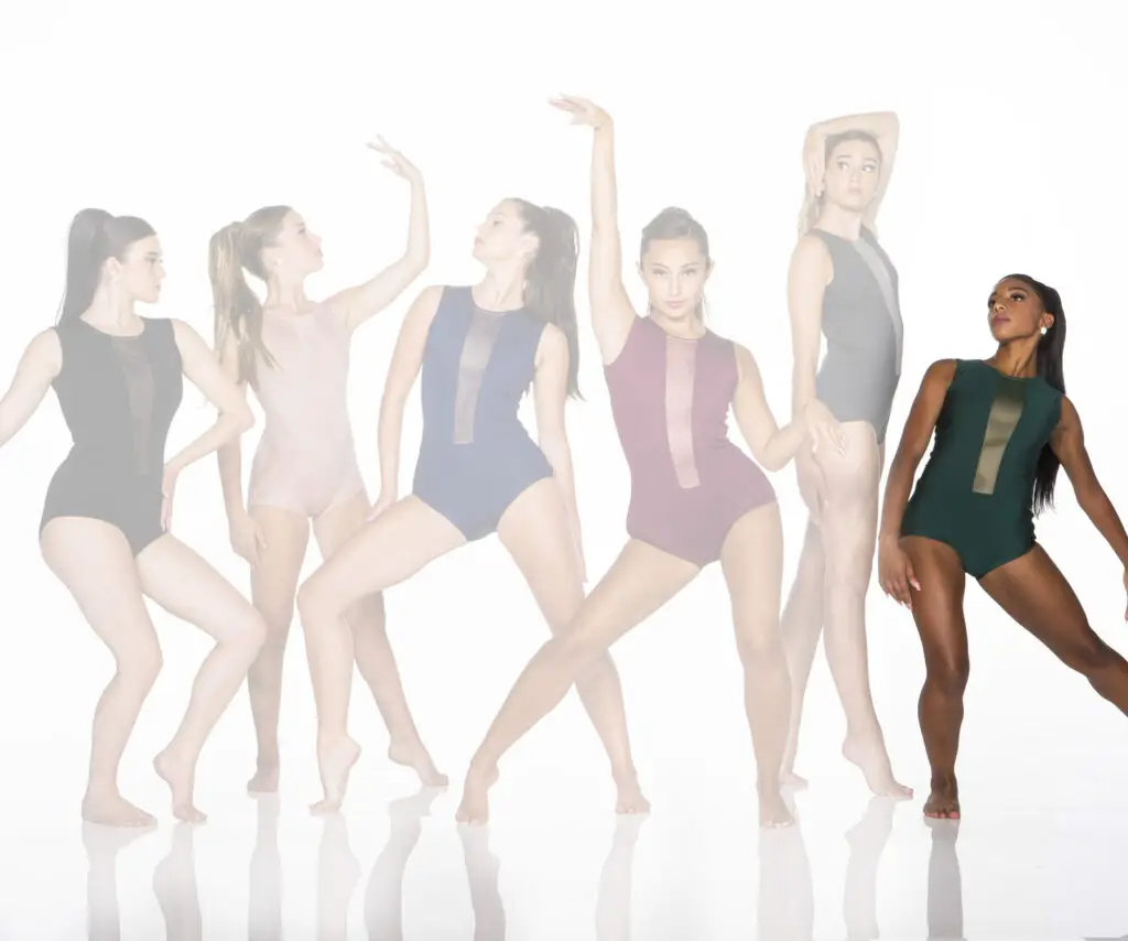 Six women modeling colorful leotards in dance poses