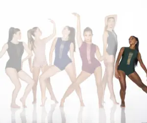 Six women modeling colorful leotards in dance poses