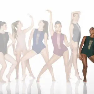 Six women modeling colorful leotards in dance poses
