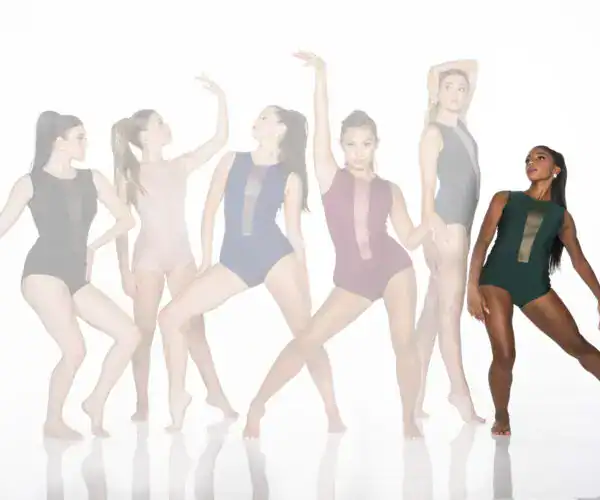 Six women modeling colorful leotards in dance poses