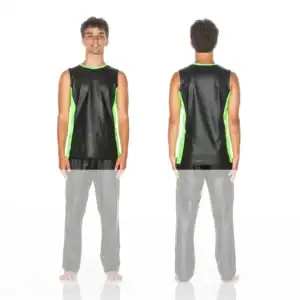Front and back views of black neon green sleeveless shirt