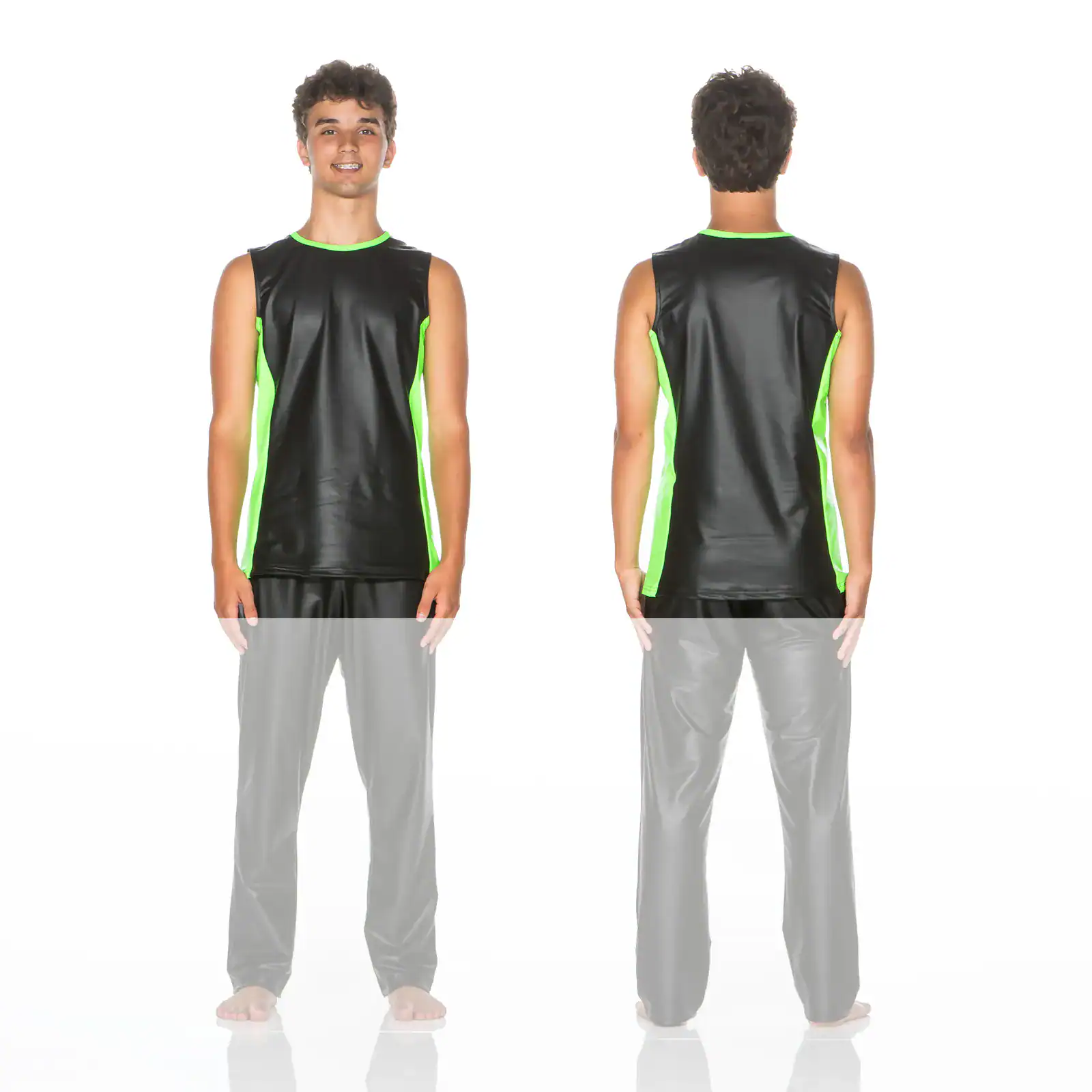 Front and back views of black neon-green sleeveless shirt