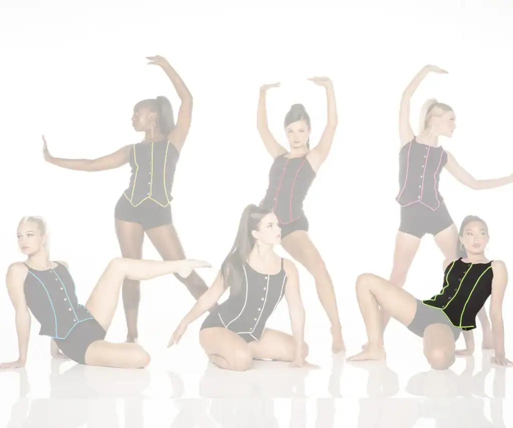 Five dancers pose in black costumes with colorful trim.