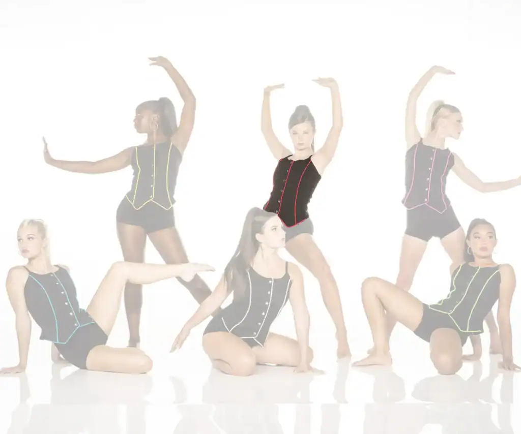 Six dancers pose in black leotards with colorful trim.