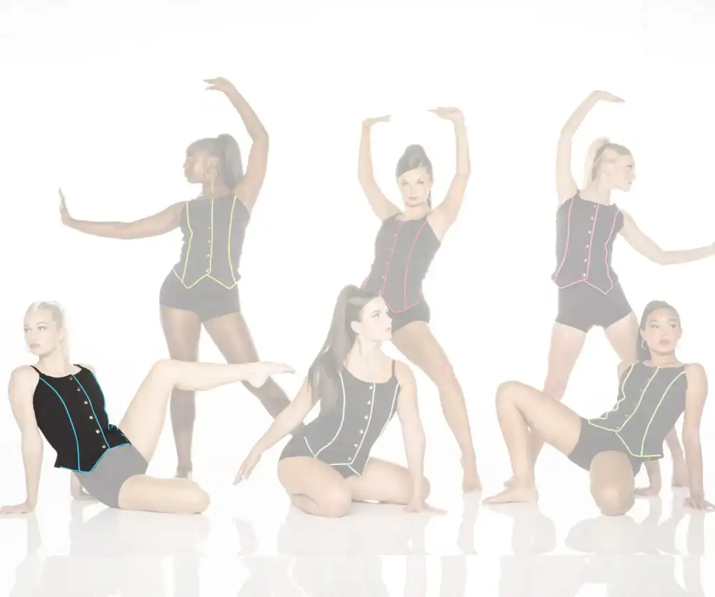 Five dancers pose in black costumes with colorful trim.