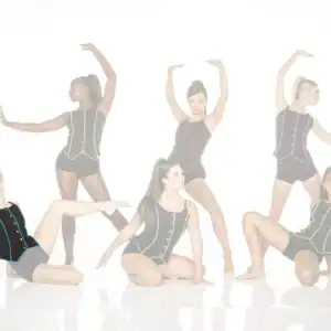 Five dancers pose in black costumes with colorful trim.
