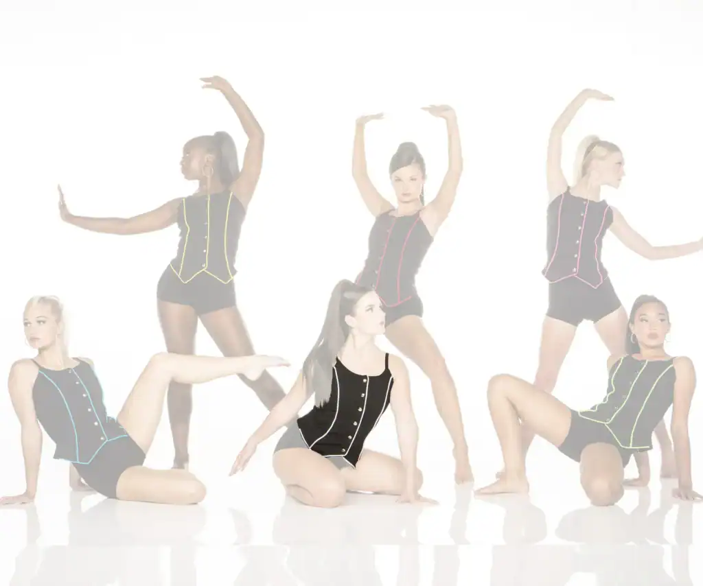 Six dancers in black leotards pose against white background.