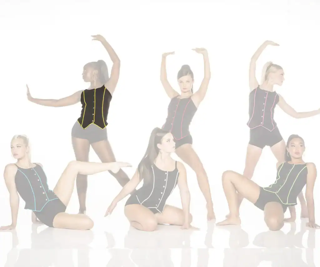 Six dancers pose in black costumes with colorful trim.