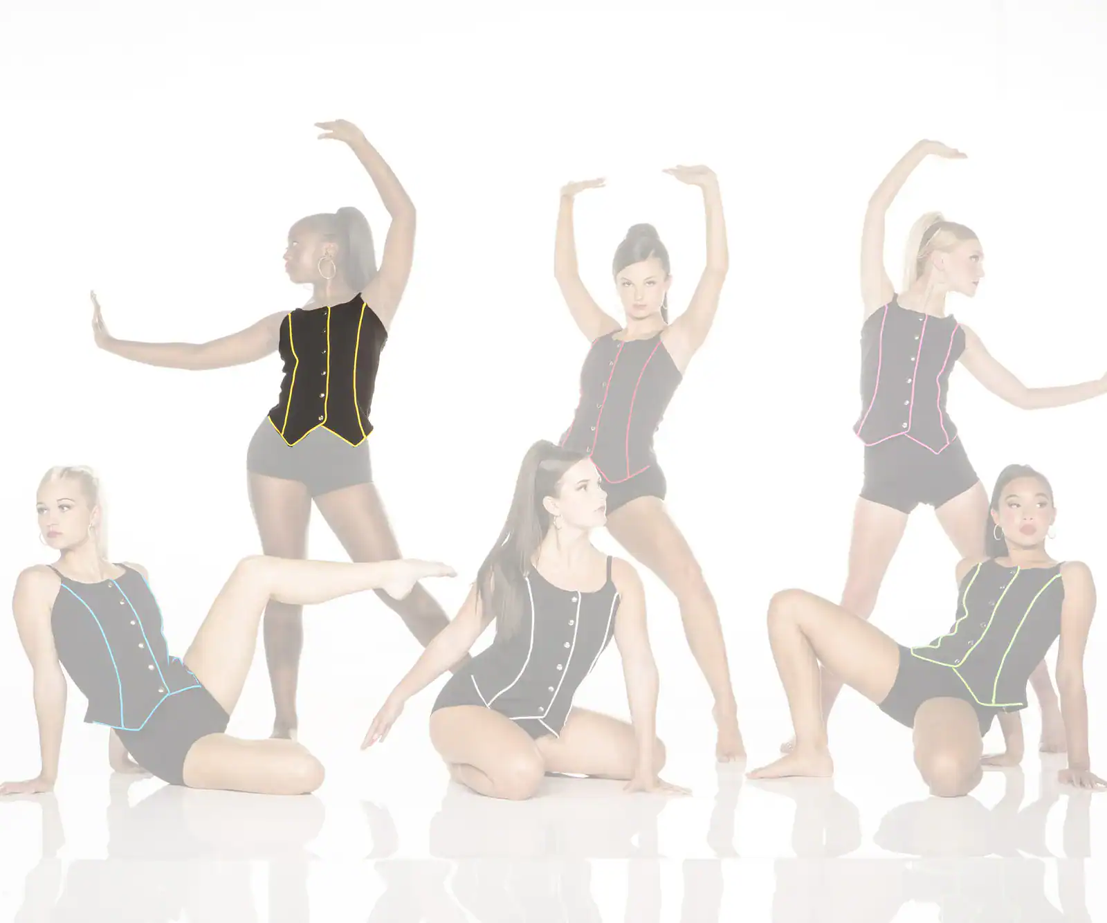 Six dancers pose in black costumes with colorful trim.