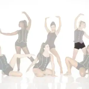 Five dancers pose in black costumes with colorful trim.